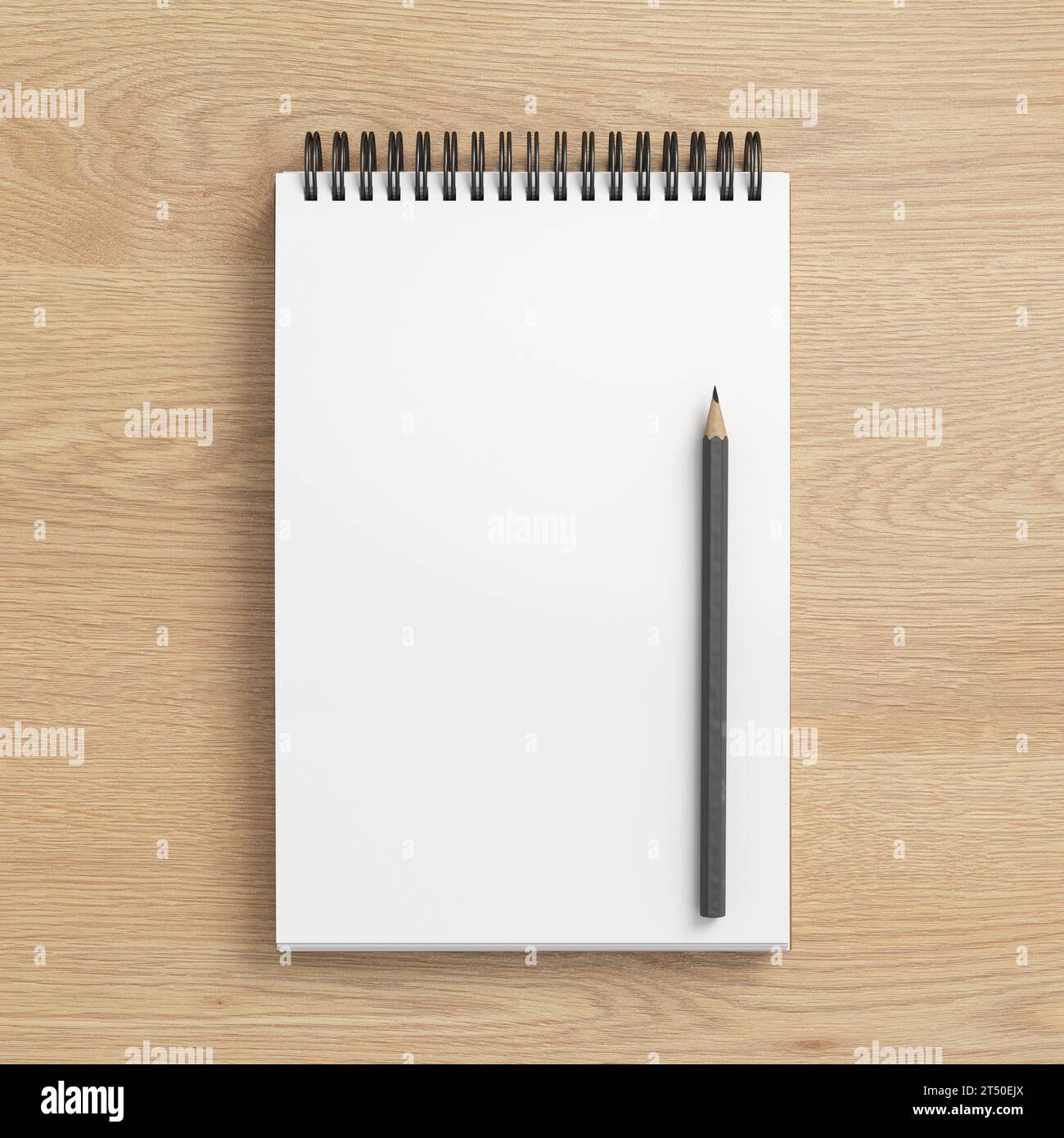 Mockup per notebook. Quaderno vuoto e matita. Blocco note a spirale su sfondo in legno. illustrazione 3d. Foto Stock