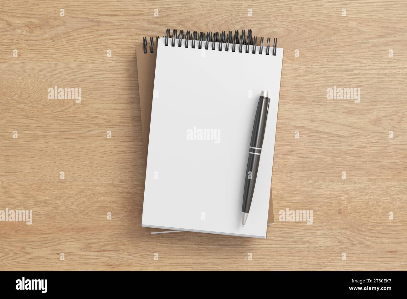 Mockup per notebook. Due notebook in una pila e una penna. Blocco note a spirale su sfondo in legno. illustrazione 3d. Foto Stock