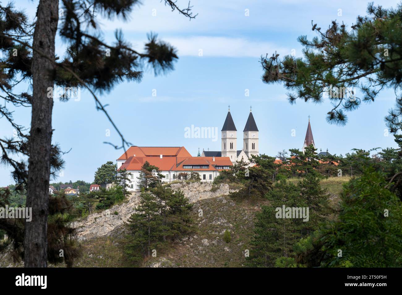 Una vista sul centro storico di Veszprem incorniciato da pini Foto Stock