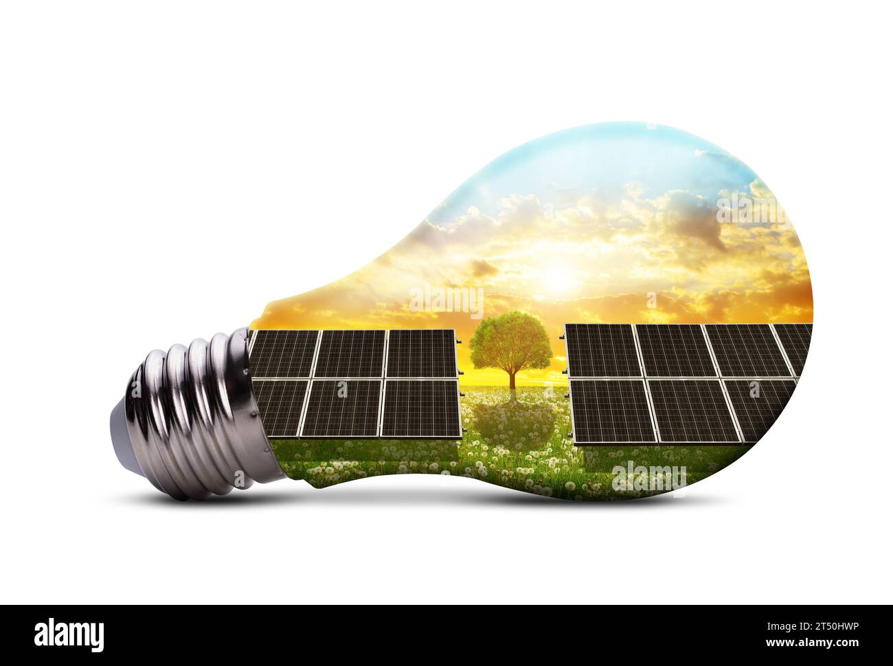 Lampadina a LED Eco con pannelli a energia solare isolati su sfondo bianco. Concetto di energia verde. Foto Stock