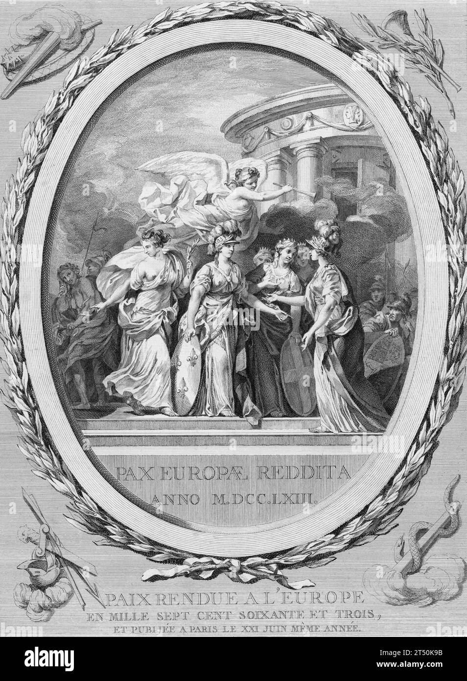 Trattato di Parigi, 1763. Allegoria della Pace di Parigi, intitolata Paix rendue à l'Europe. Foto Stock