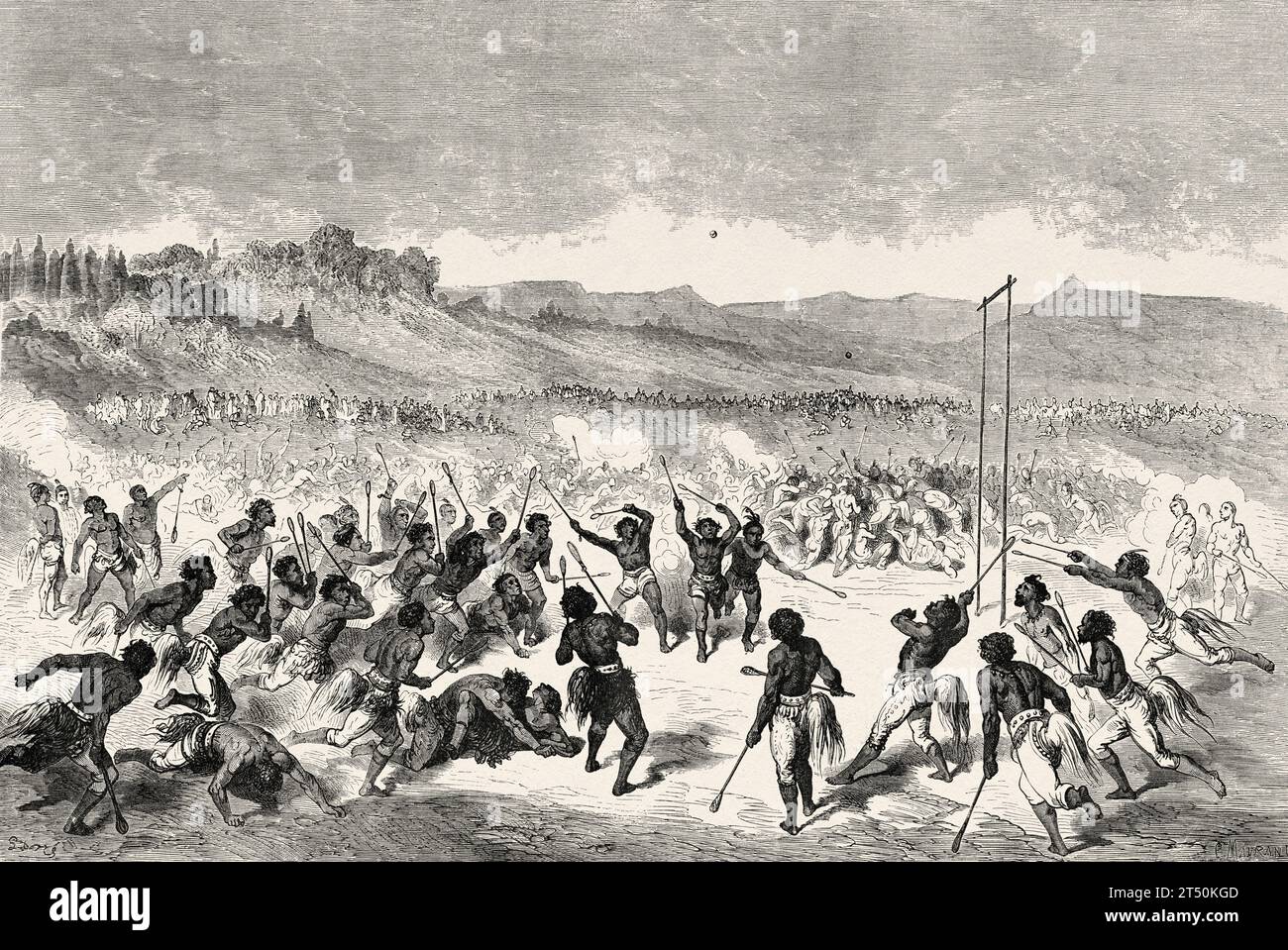 Tradizionale partita di baseball tra gli indiani Choctaw. USA. Viaggio di Heinrich Balduin Mollhausen dal fiume Mississippi alle coste dell'Oceano Pacifico 1853–1854. Incisione del vecchio XIX secolo da le Tour du Monde 1860 Foto Stock