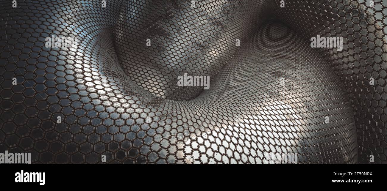 nodo in metallo con rendering di sfondo 3d con trama esagonale Foto Stock