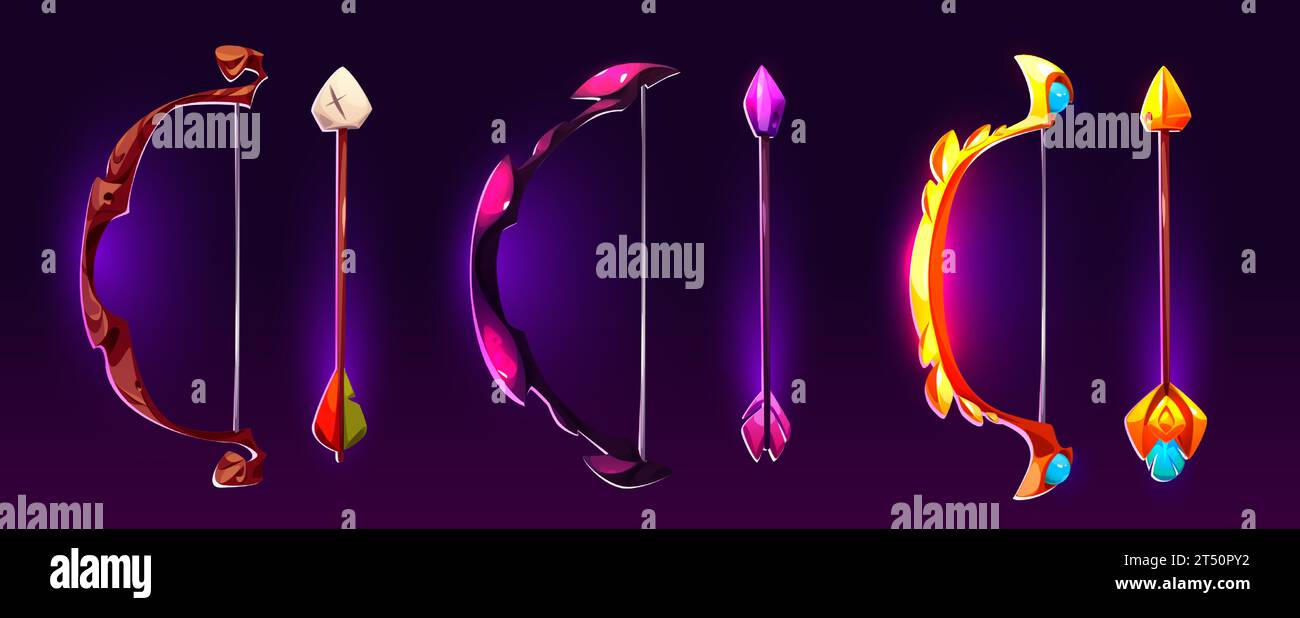 Arco e freccia con elementi decorativi illuminanti al neon e poteri magici per livelli di gioco o rango. Set illustrativo vettoriale di cartoni animati con un'arma da tiro con l'arco in legno, pietra e oro per rpg. Illustrazione Vettoriale