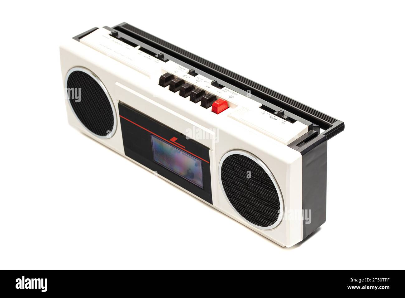 Registratore stereo portatile retro degli anni '80 Traduzione dal russo: Modalità, stereo, On, Off, microfono Foto Stock