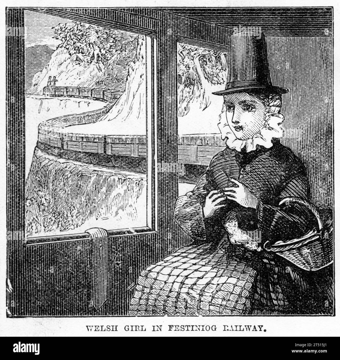 Una ragazza gallese che viaggia sulla ferrovia Festiniog. Pubblicato intorno al 1887 Foto Stock