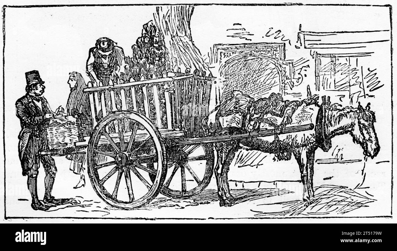 Incisione di un operaio inglese che scarica un carrello, circa 1880 Foto Stock