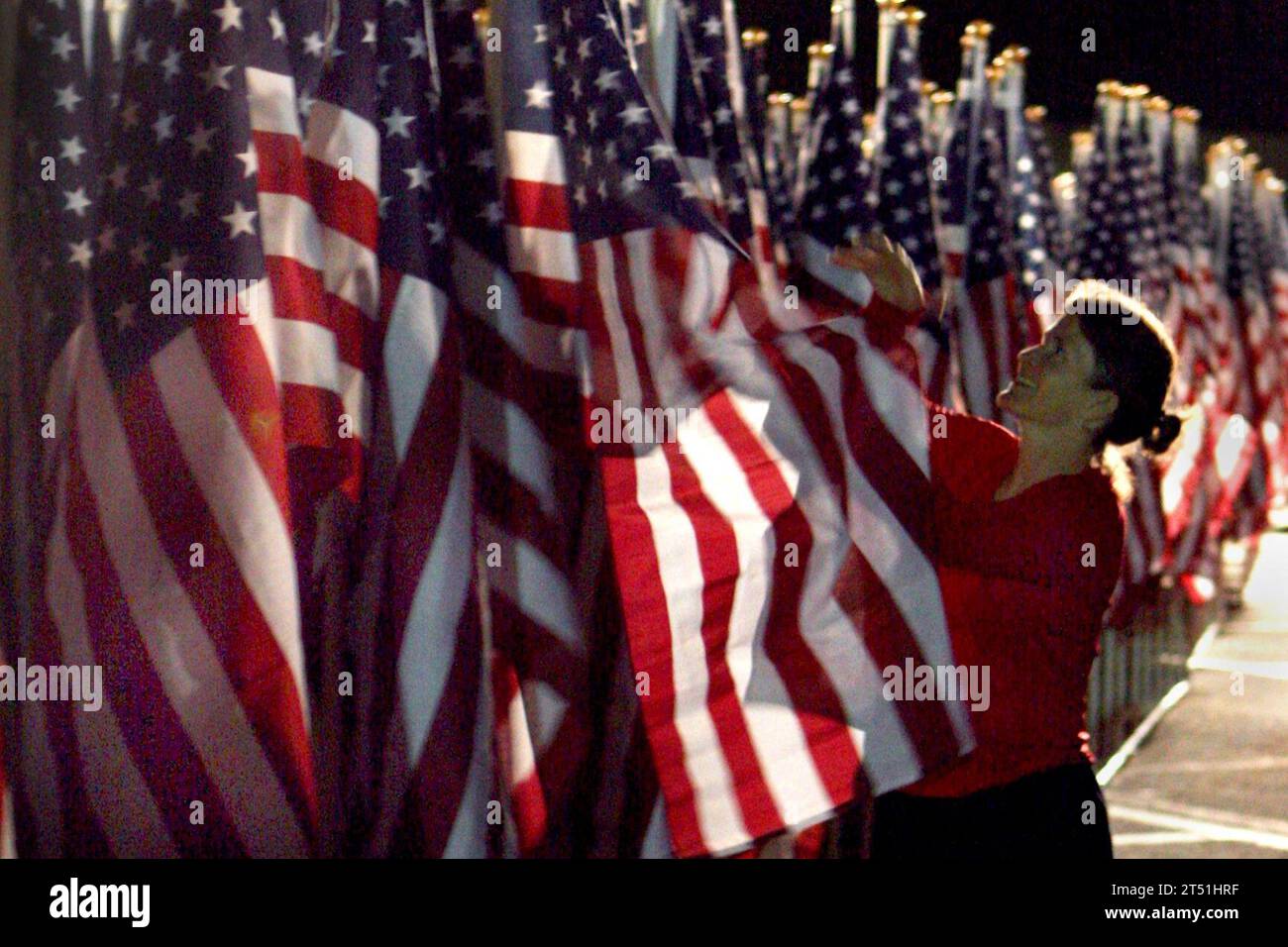 0809107377C-021 WASHINGTON (10 settembre 2008) Lorin Pfiel, volontario della Healing Field Foundation, organizza una bandiera americana il 10 settembre 2008, nel parcheggio del Pentagono. Pfiel è uno dei circa 200 volontari che organizzano quasi 3.000 bandiere in onore delle vittime e delle famiglie dell'attacco terroristico dell'11 settembre 2001 al Pentagono. (Esercito degli Stati Uniti Foto Stock