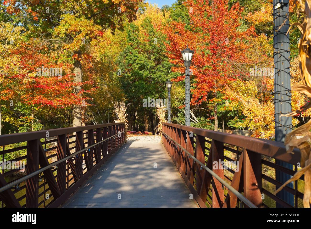 Un ponte pedonale su una stretta porzione del lago Coe a Berea, Ohio, che porta ai colori autunnali. Le ringhiere sono adornate da lucchetti, a significare una romantica Foto Stock