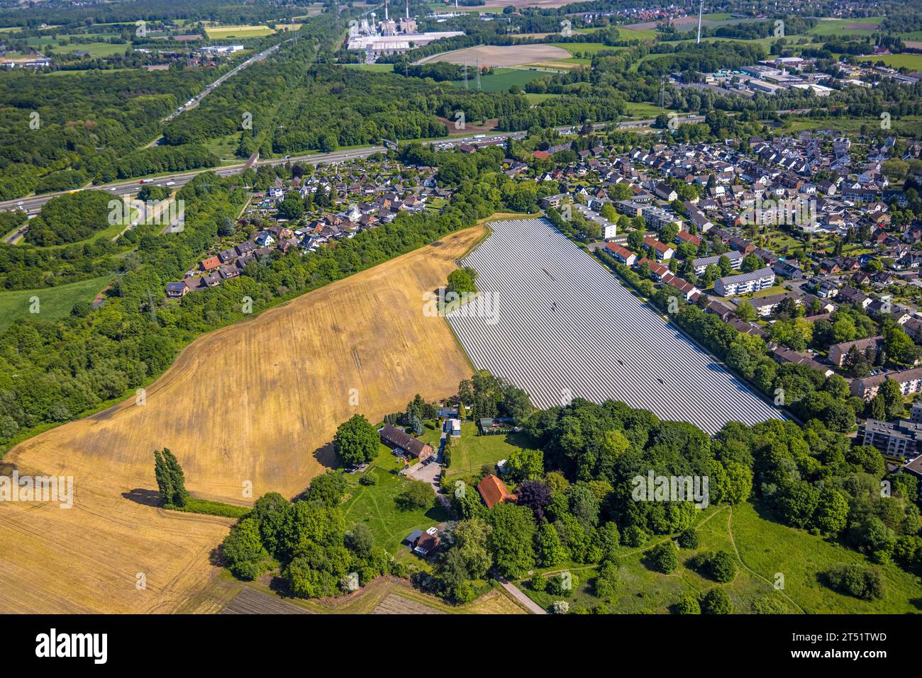 Veduta aerea, campo agricolo, Tourcoingstraße, sviluppo previsto, Haus Schlangenholt, Eigen, Bottrop, Ruhrgebiet, Renania settentrionale-Vestfalia, Germania Foto Stock