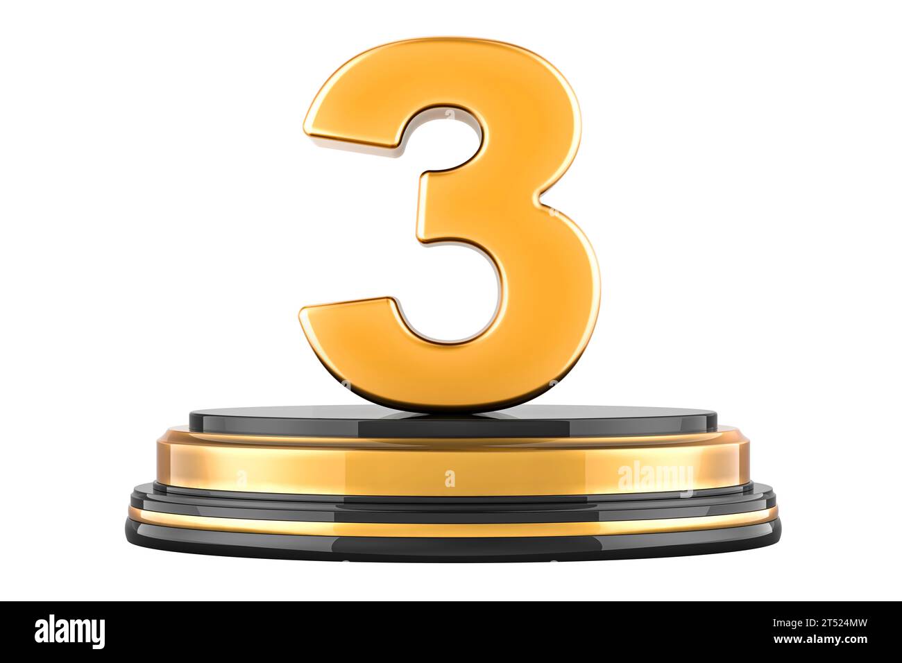 Golden 3 Three sul podio, concetto di premio. Rendering 3D isolato su sfondo bianco Foto Stock