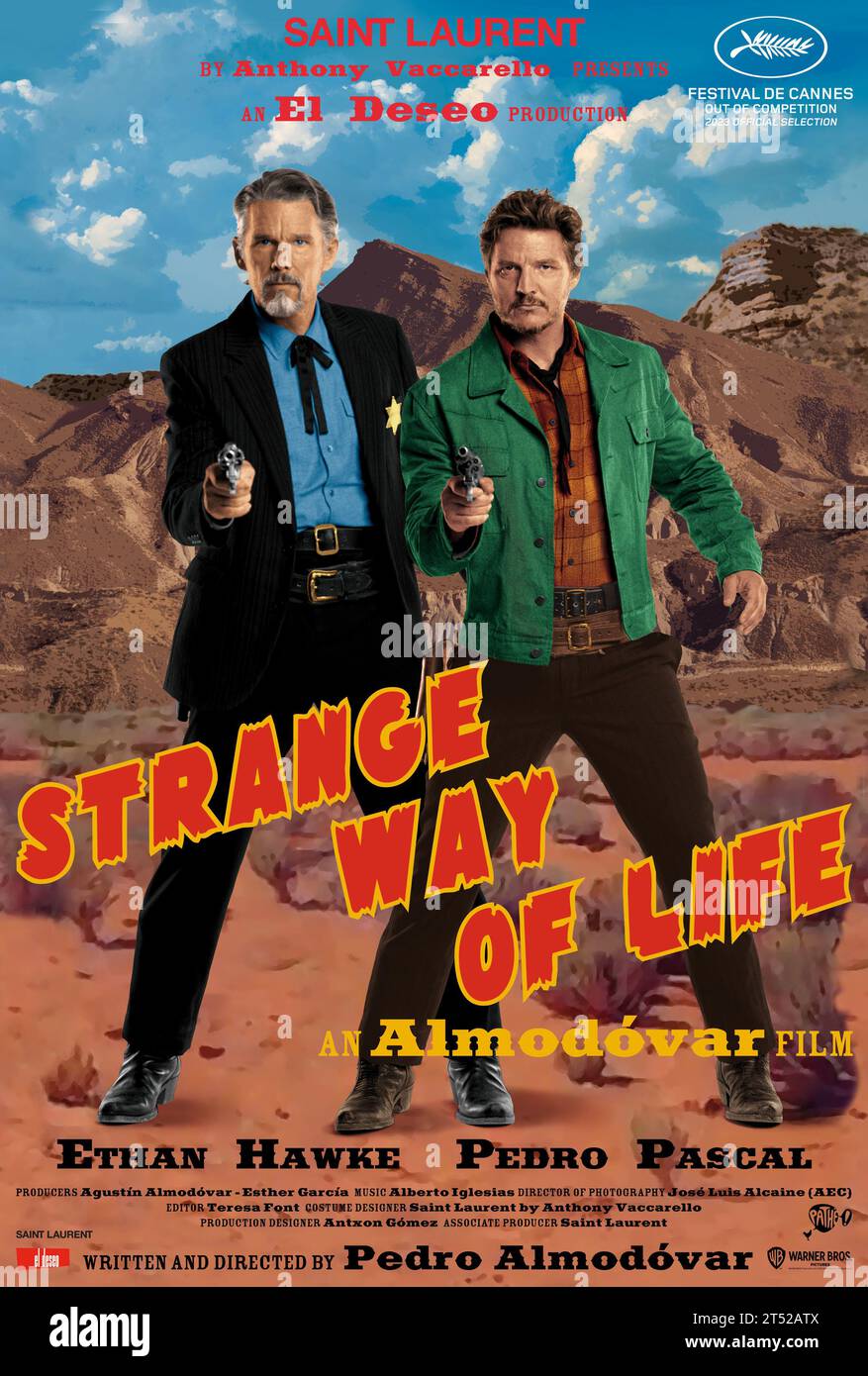 DATA DI USCITA: 6 ottobre 2023 TITOLO: Strange Way of Life. STUDIO: Sony Pictures. DIRETTORE: Pedro Almodovar. TRAMA: Dopo venticinque anni Silva cavalca un cavallo attraverso il deserto per visitare il suo amico cowboy gay, lo sceriffo Jake. Festeggiano l'incontro, ma la mattina dopo Jake gli dice che il motivo del suo viaggio non è quello di andare nella memoria della loro amicizia. PROTAGONISTA: PEDRO PASCAL nel ruolo di Silva ETHAN HAWKE nel ruolo di Jake poster art. (Immagine di credito: © Sony Pictures/Entertainment Pictures tramite ZUMA Press Wire) SOLO PER USO EDITORIALE! Non per USO commerciale! Foto Stock