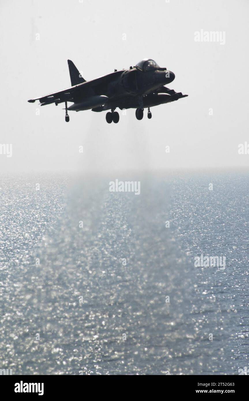 1003218936G-008 U.S. 5TH FLEET AREA OF RESPONSIBILITY (21 marzo 2010) un AV-8B Harrier assegnato al Marine Medium Tiltrotor (VMM) 162 (rinforzato) partecipa a un'esercitazione hover fuori dal ponte di volo della nave d'assalto anfibio USS Nassau (LHA 4). Nassau è la piattaforma di comando del Nassau Amphibious Ready Group, che supporta le operazioni di sicurezza marittima e la cooperazione di sicurezza del teatro nell'area di responsabilità della 5th Fleet. Marina Foto Stock