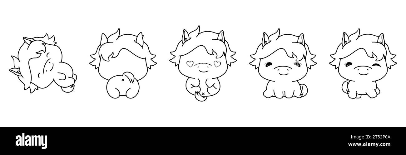 Set di Vector Cartoon Farm Animal Coloring Page. Collezione di Kawaii Outline Isolated Horse per adesivi, Baby Shower, Coloring Book, stampe per Illustrazione Vettoriale