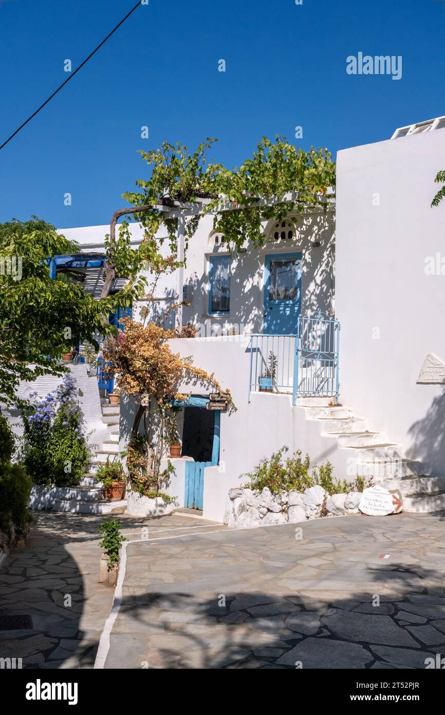 Case tradizionali imbiancate a Volax, Tinos, Grecia, che mostrano il classico stile architettonico delle Cicladi Foto Stock