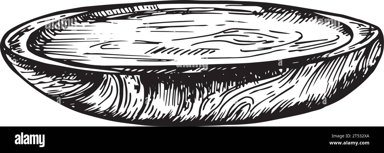 Tagliere in legno disegnato a mano. Utensili da cucina in stile schizzo. Disegno della piastra rotonda. Illustrazioni vettoriali collezione vintage. Illustrazione Vettoriale