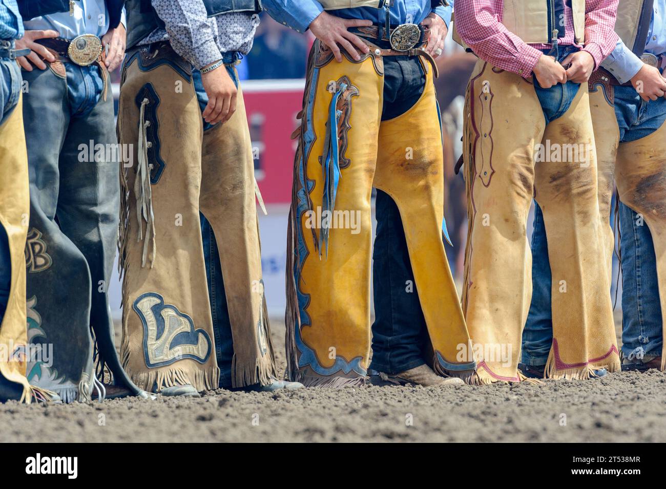 Una fila di cowboy che indossano pellicce in pelle alle cerimonie di apertura del Calgary Stampede Rodeo. Alberta Canada. Foto Stock