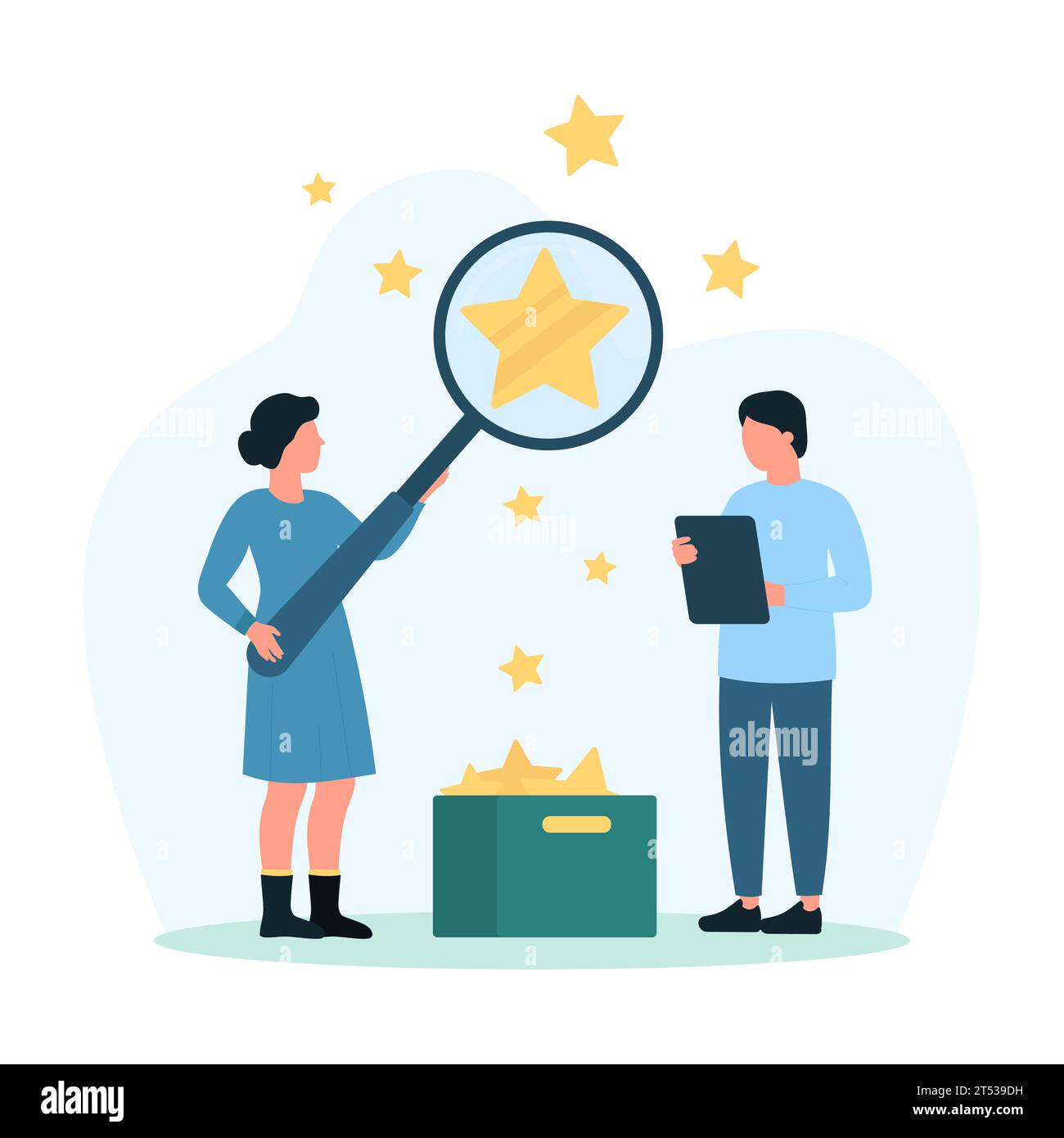 Illustrazione del vettore di ricerca dei feedback dei clienti. Cartoni animati piccole persone che guardano attraverso la lente d'ingrandimento a Gold Star per trovare un prodotto con una valutazione e un prezzo eccellenti online, i clienti scelgono il miglior servizio Illustrazione Vettoriale