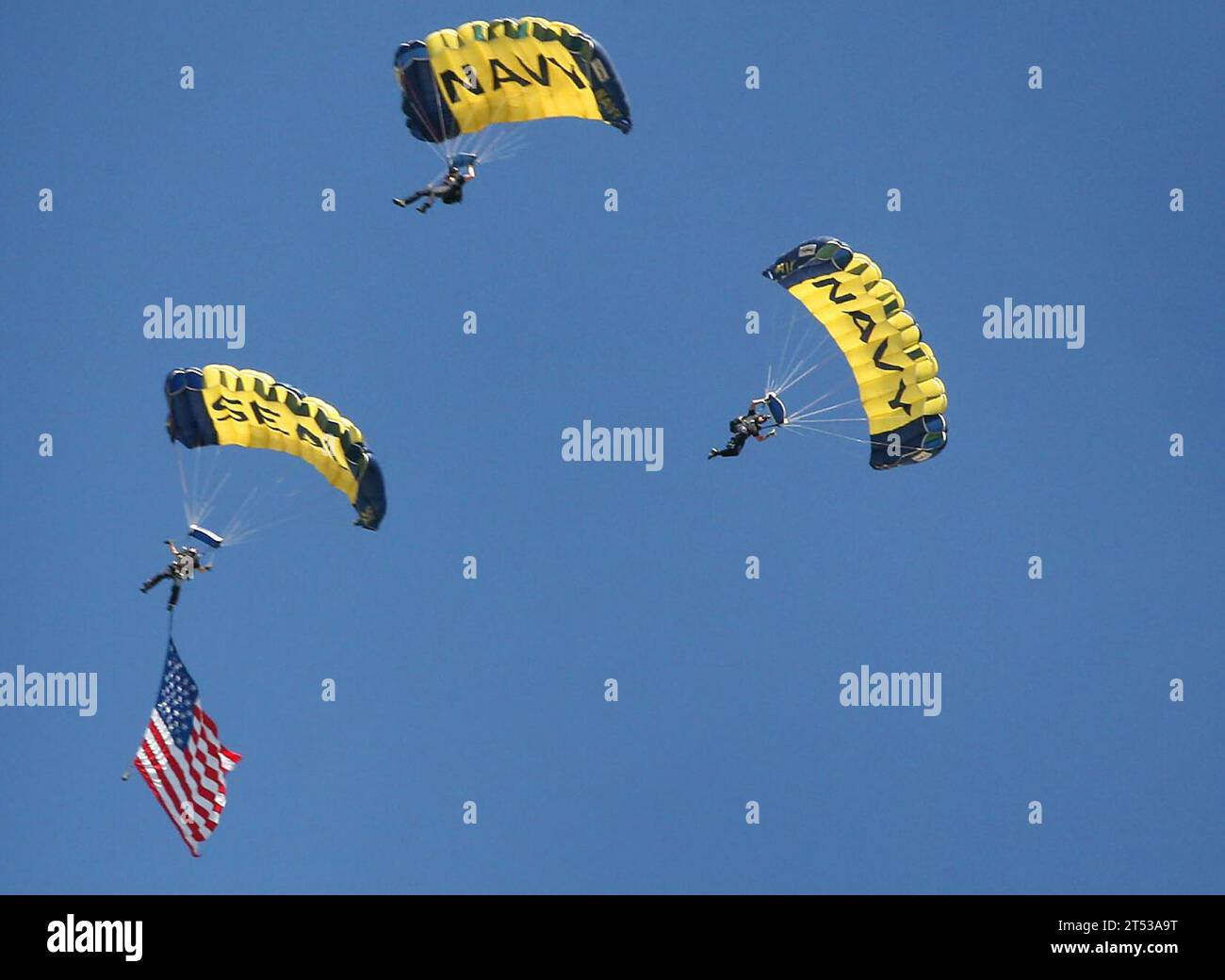 1008253271W-004 BOISE, Idaho (25 agosto 2010) la squadra dimostrativa di paracadute della Marina degli Stati Uniti, The Leap Frogs, si esibisce alla fiera dell'Idaho occidentale durante la Boise Navy Week, una delle 20 settimane della Marina pianificate in tutta l'America per il 2010. Le settimane della Marina sono progettate per mostrare agli americani gli investimenti che hanno fatto nella loro Marina e aumentare la consapevolezza nelle città che non hanno una presenza significativa della Marina. Foto Stock