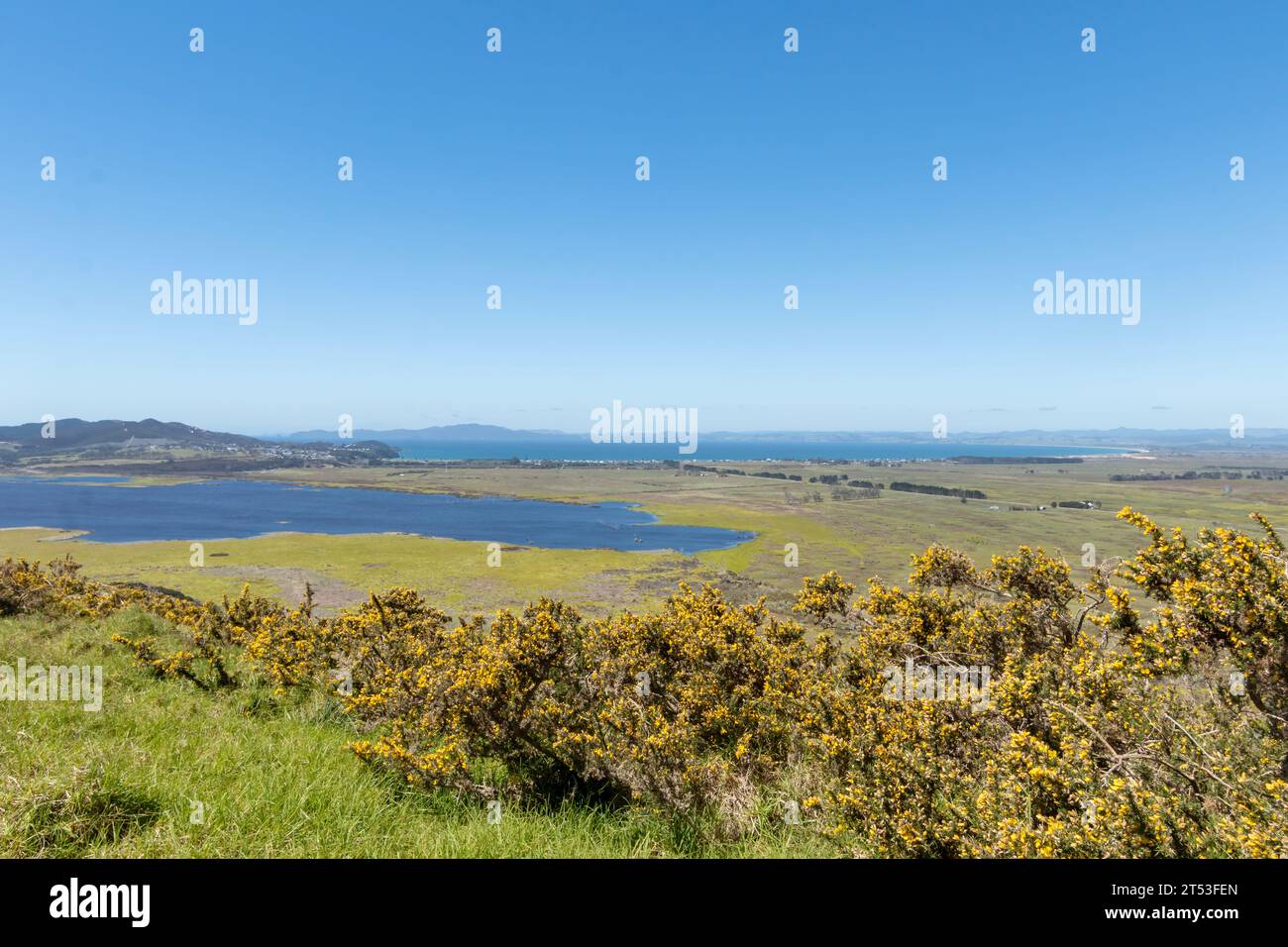 Diversità ecologica della penisola di Karikari: Paesaggi del lago Waiau, terreni agricoli e Bush nativo nel Northland, nuova Zelanda Foto Stock