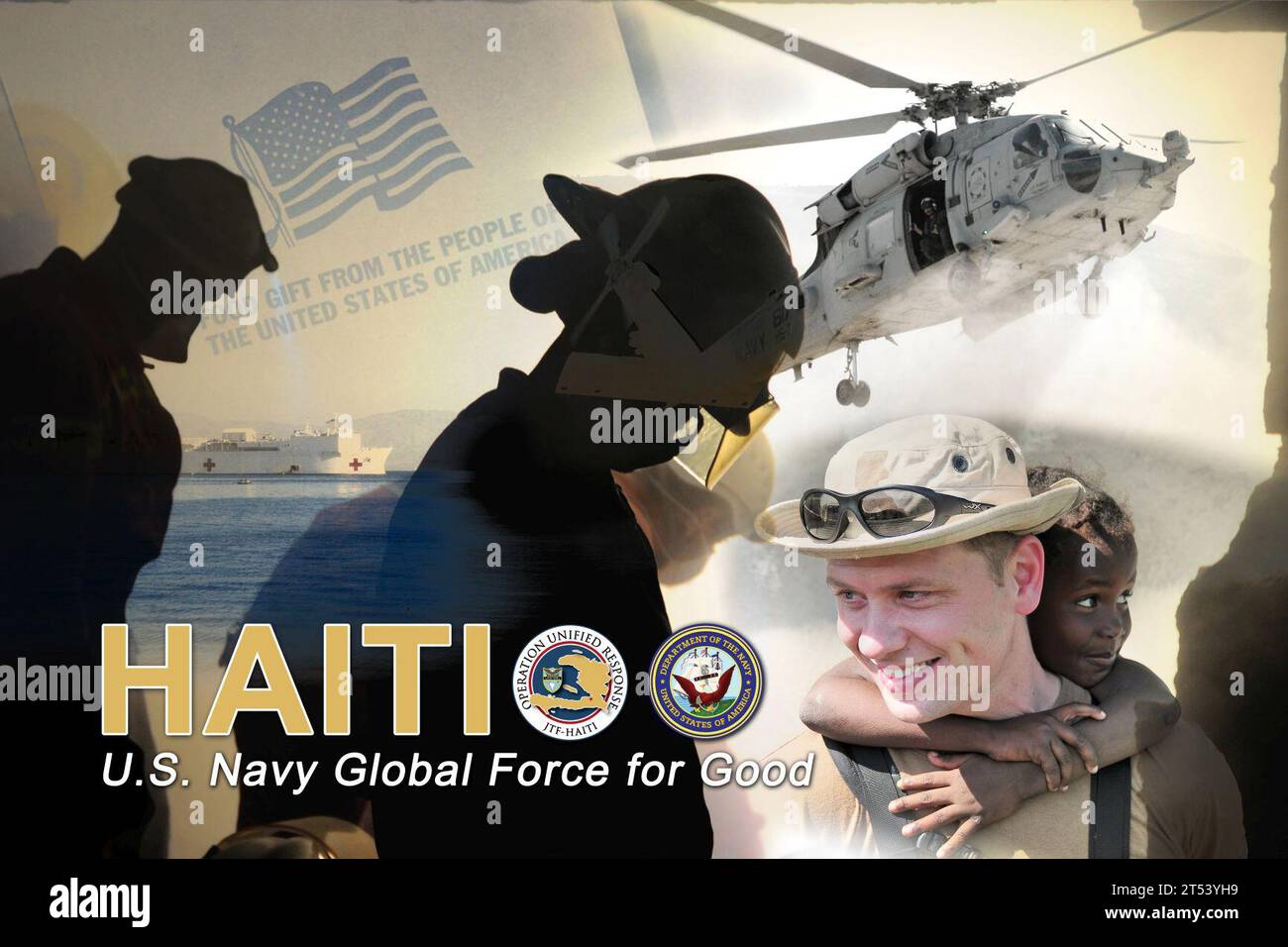 Bambini, Haiti, elicottero, medico, operazione Unified Response, poster, stampe, USNS comfort (T-AH 20) Foto Stock