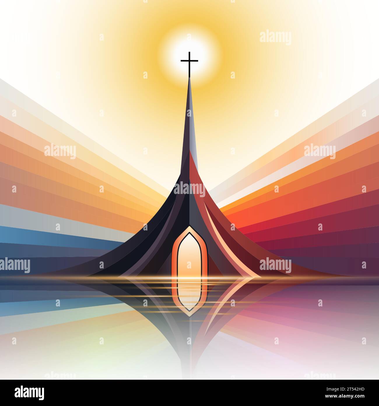 Chiesa sullo sfondo del sole e delle onde. Illustrazione vettoriale. Illustrazione Vettoriale