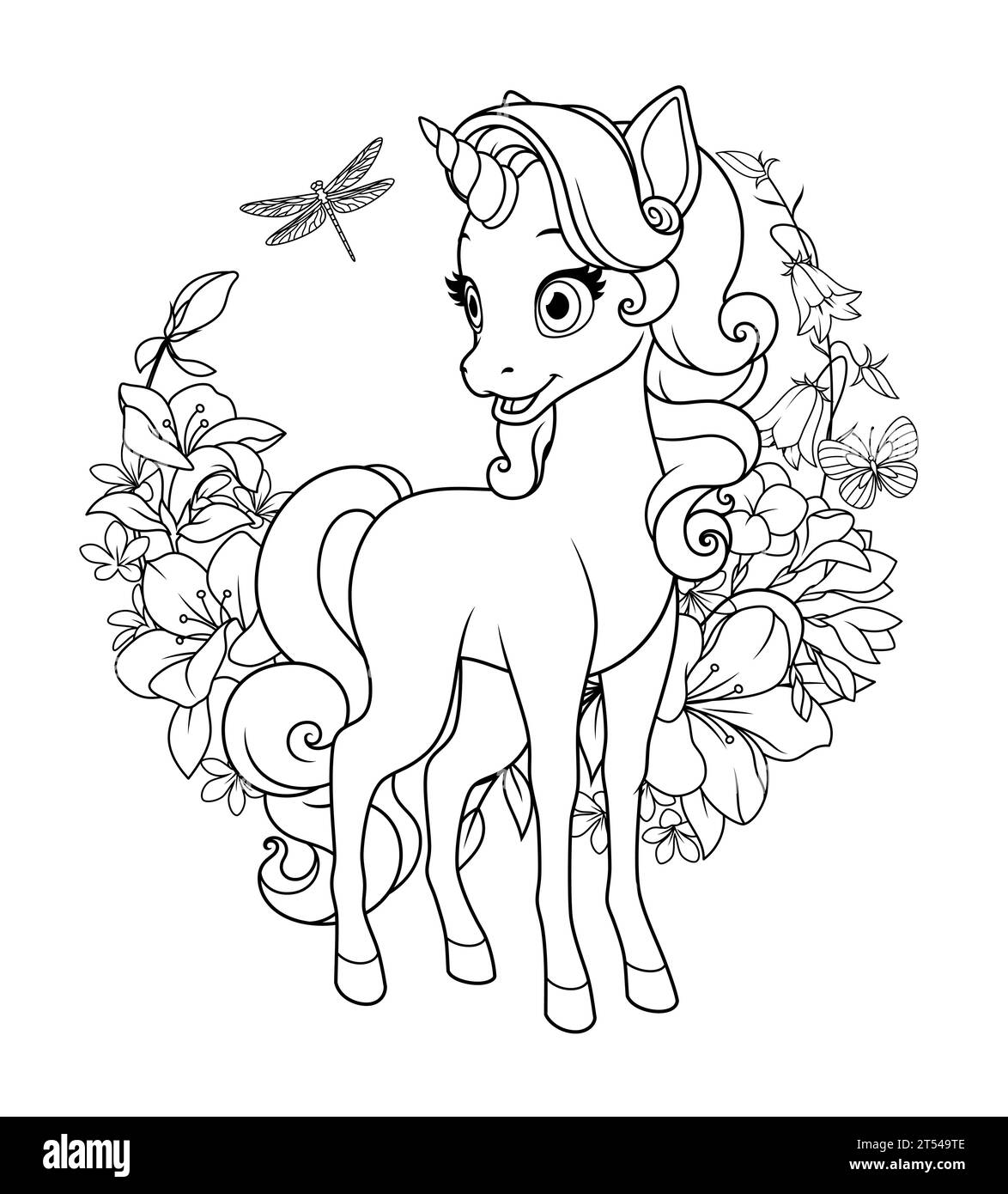 Un simpatico unicorno circondato da fiori. Illustrazione vettoriale in bianco e nero per la pagina da colorare. Illustrazione Vettoriale