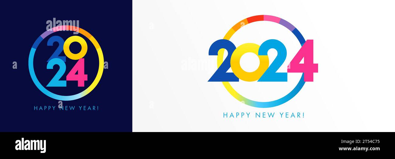2024 Happy New Year logo rotondo colorato, concetto di design tipografico. Illustrazione vettoriale per pianificatore aziendale o modello di calendario Illustrazione Vettoriale