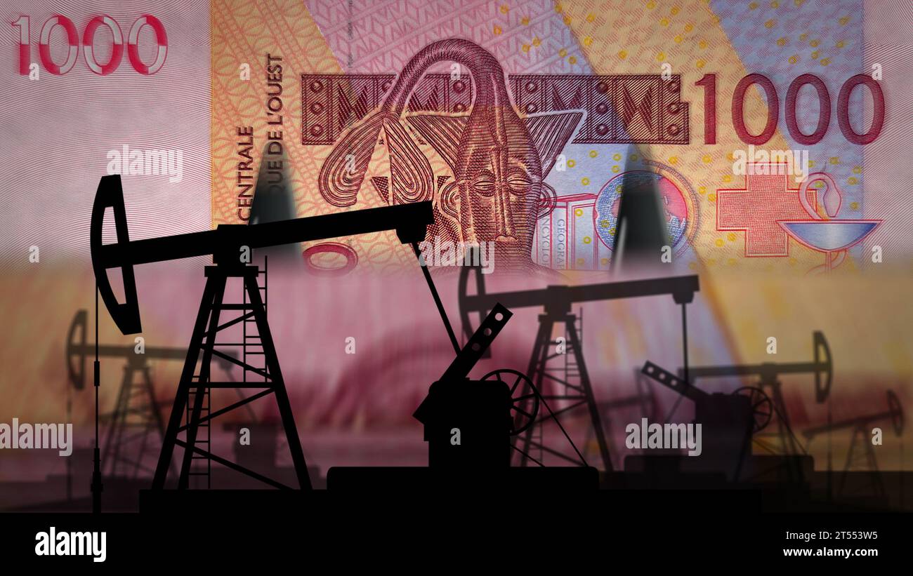 CFA dell'Africa occidentale Franco monetario Niger Mali Senegal Africa macchina per il conteggio dei soldi con pompa dell'olio. Attività relativa alle piattaforme petrolifere e all'energia da combustibile con banconote XOF Foto Stock