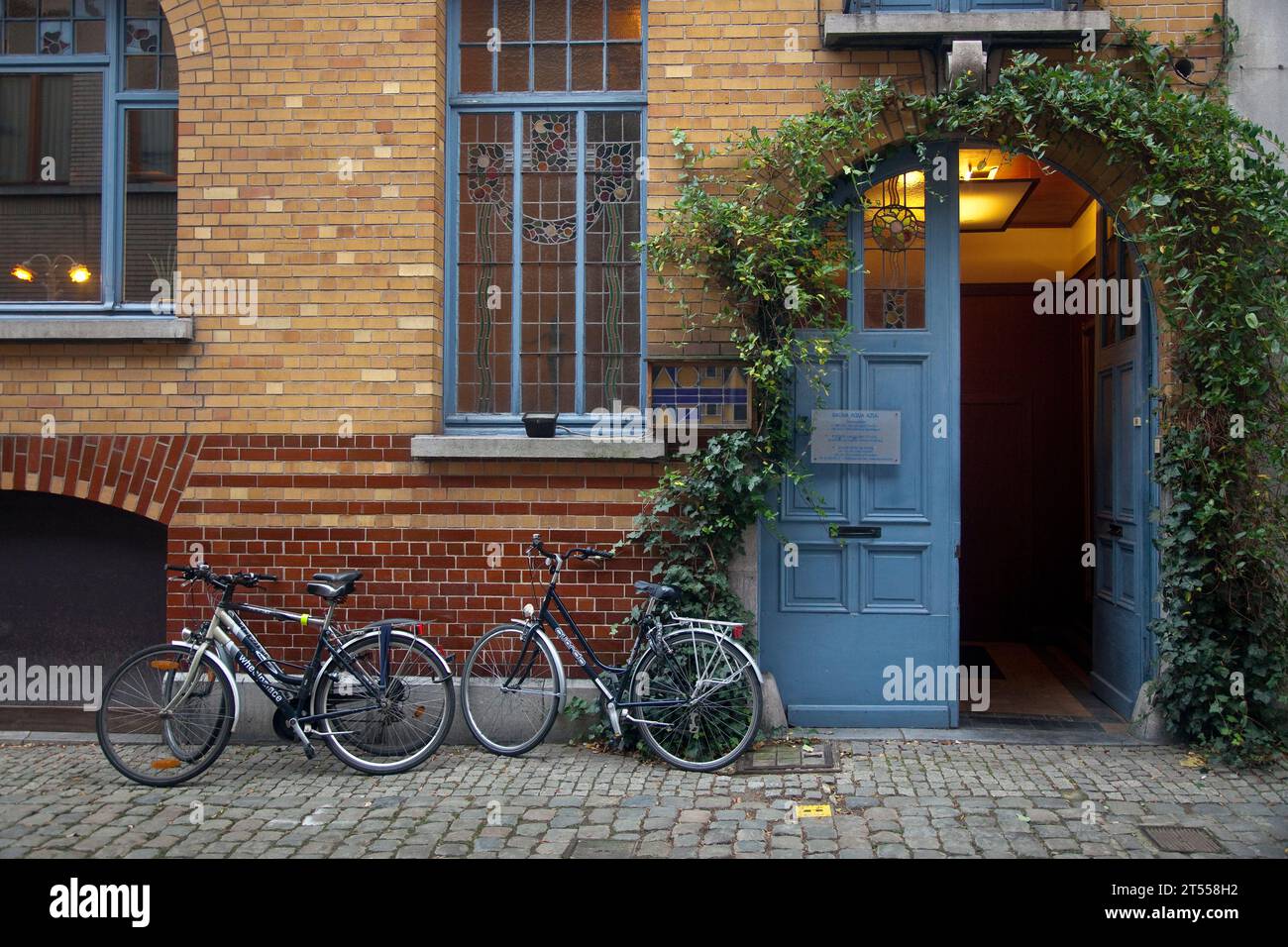 Tre biciclette parcheggiate all'ingresso della sauna Aqua Azul nel quartiere Patershol di Gand Foto Stock
