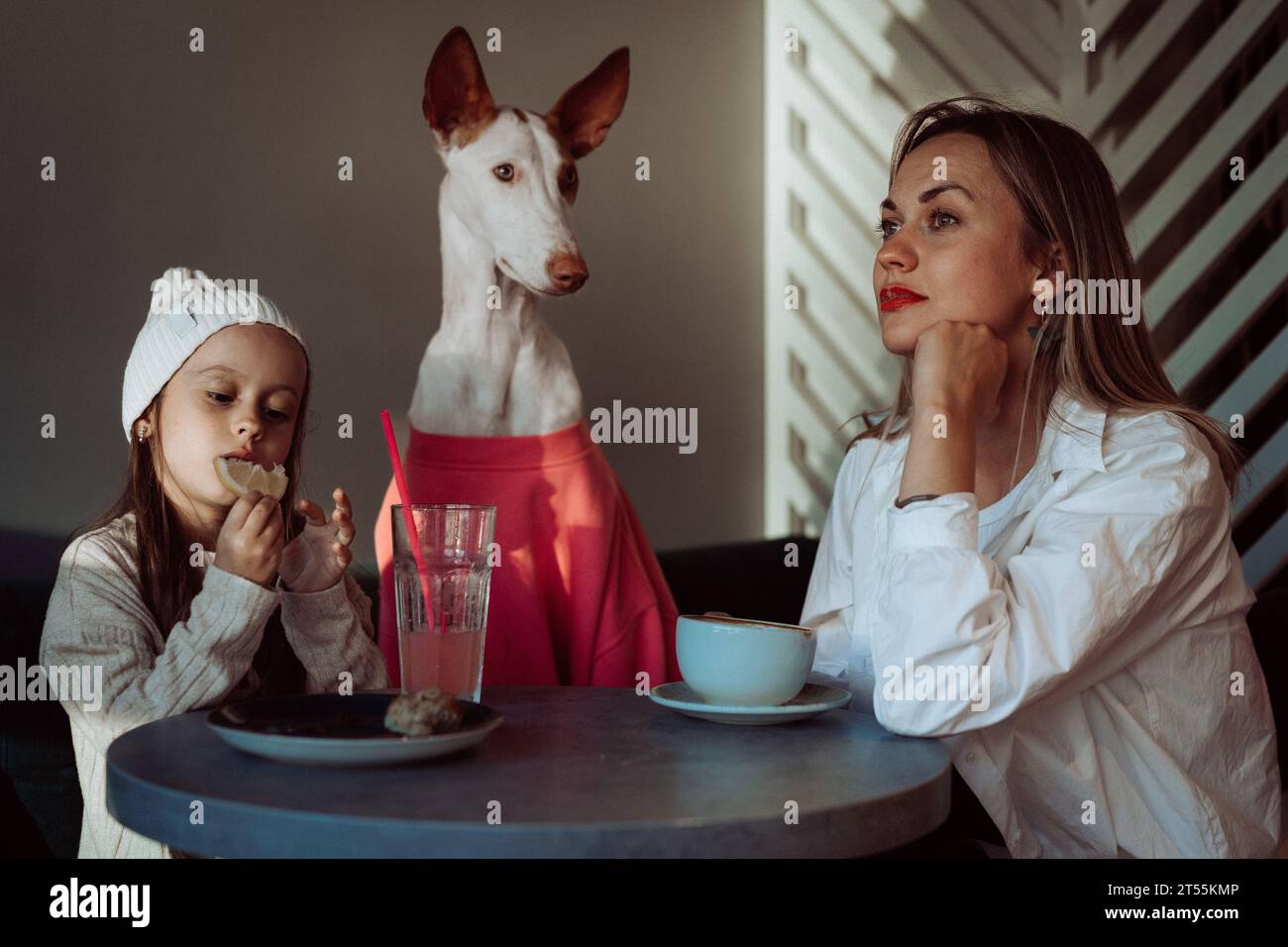 Madre con figlia e cane in un bar. Animali domestici ammessi. Foto Stock