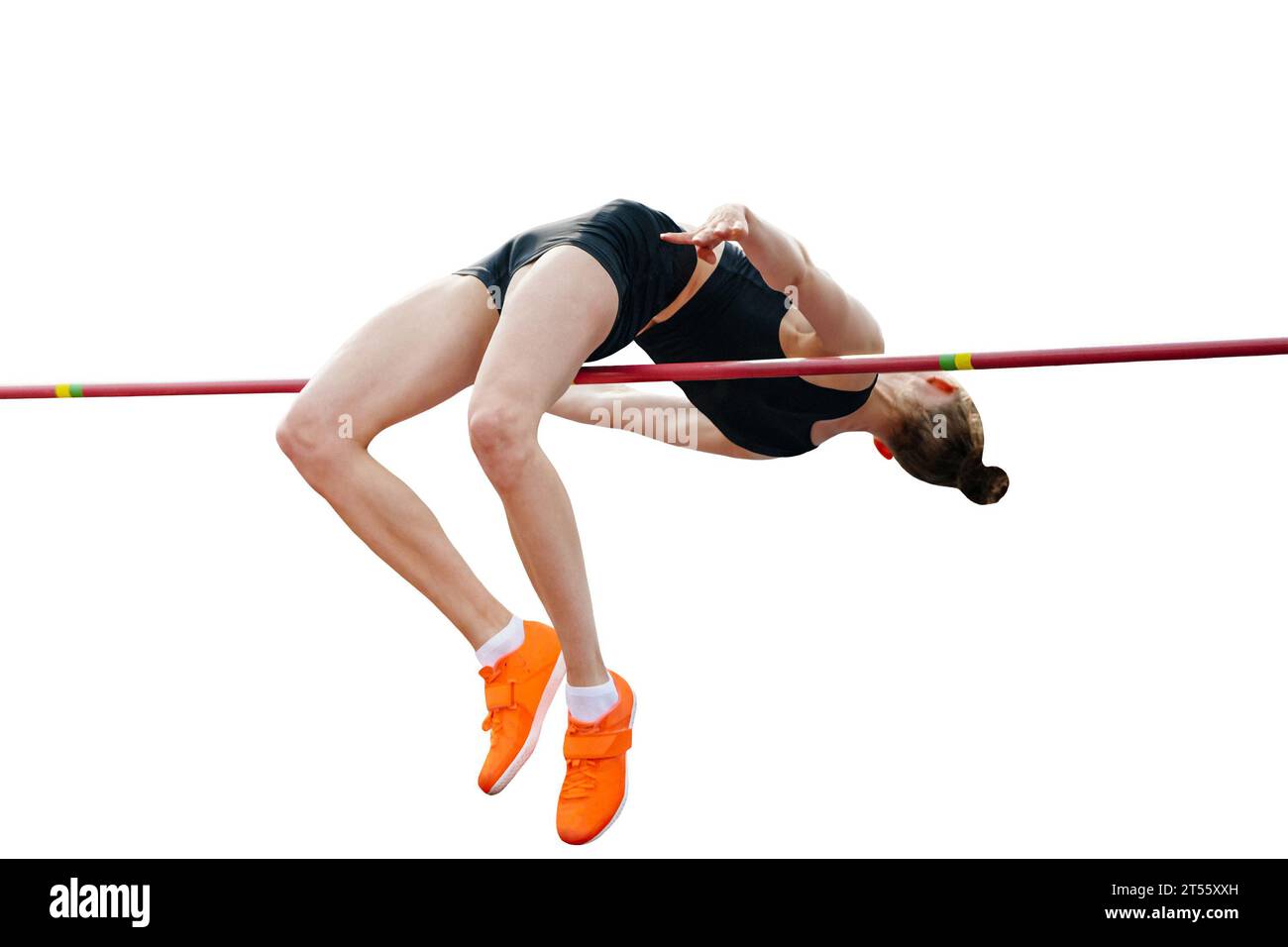 salta in alto donna nei campionati estivi di atletica, isolata su sfondo bianco Foto Stock