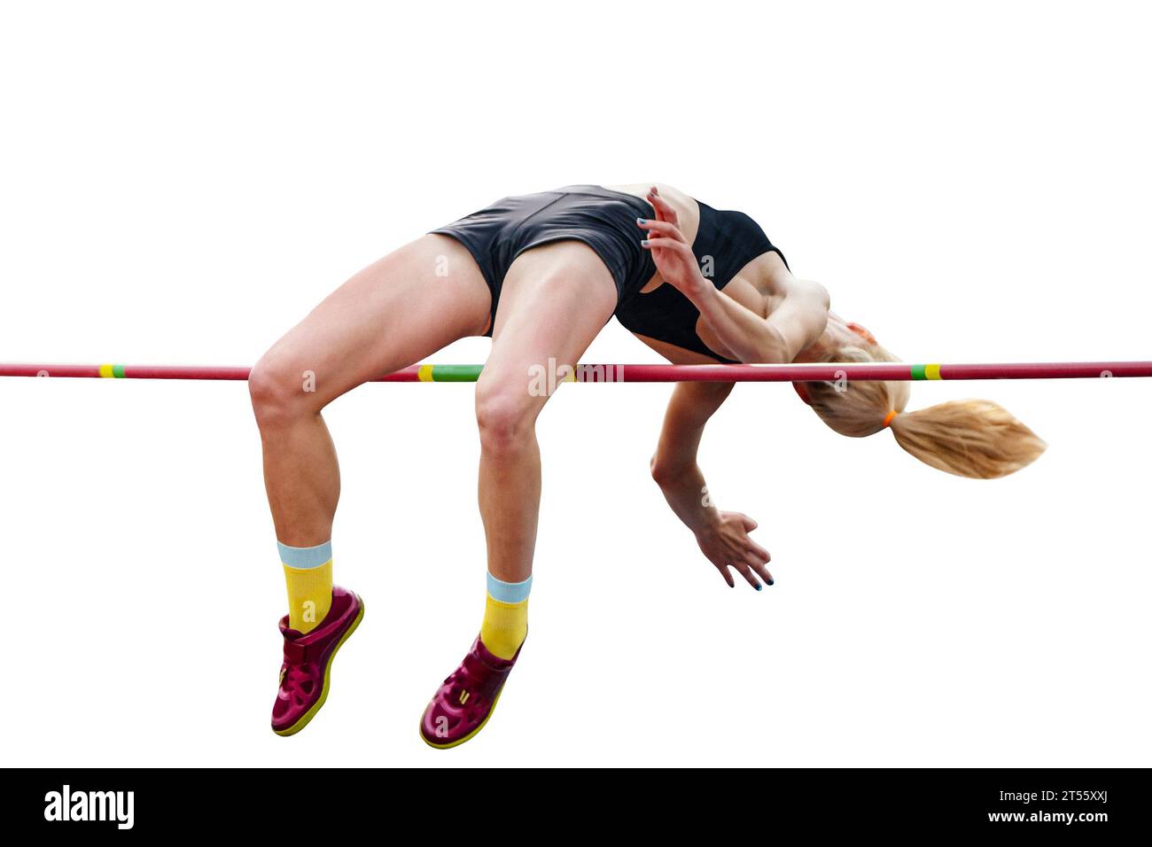 primo piano girl jumper high jump nei campionati di atletica, isolato su sfondo bianco Foto Stock