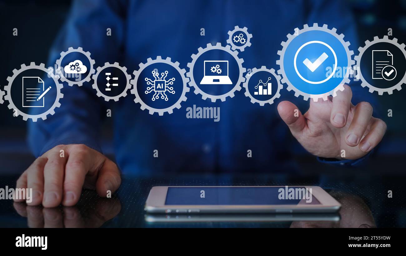 Automazione per l'ottimizzazione del flusso di lavoro dei processi aziendali e il miglioramento della produttività. Automazione robotica dei processi e gestione dei processi aziendali. AI tec Foto Stock