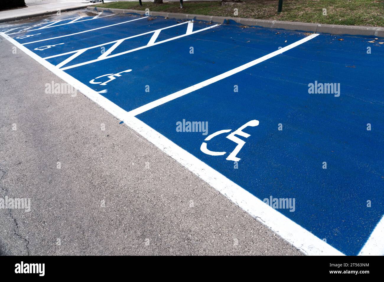 Area parcheggio riservata e riservata per conducenti disabili, cartello dipinto in blu e bianco sul pavimento. Foto Stock