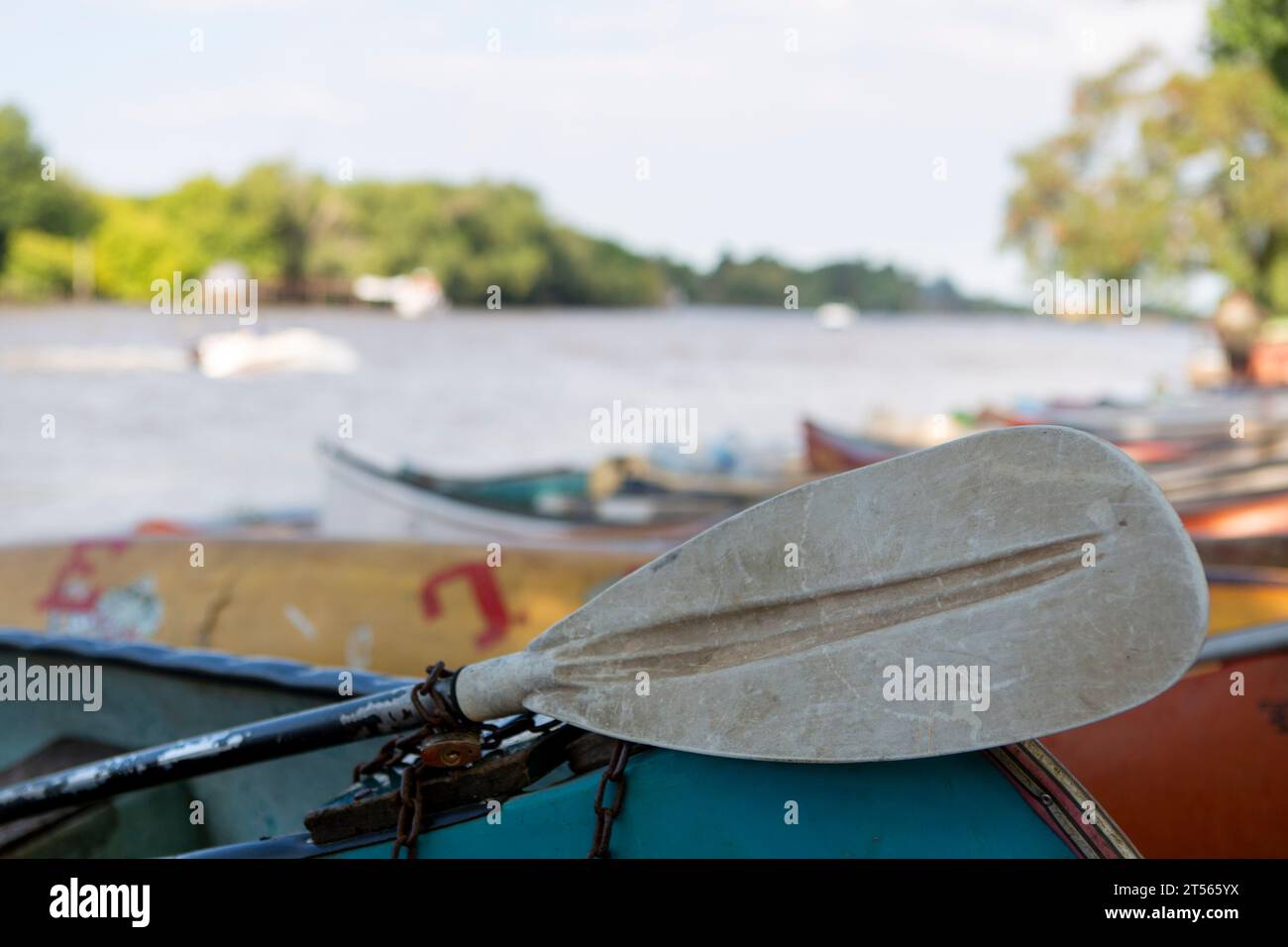 canottaggio a remi e canoe sfocate sullo sfondo Foto Stock