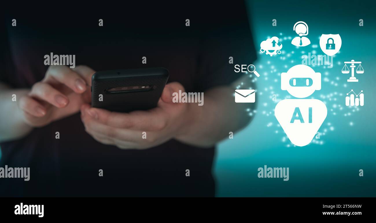 Le donne usano la potenza dell'intelligenza artificiale con il telefono. Concetto di chat ai. Intelligenza artificiale. Trasformazione tecnologica futuristica. Scrivere un prompt. Foto Stock