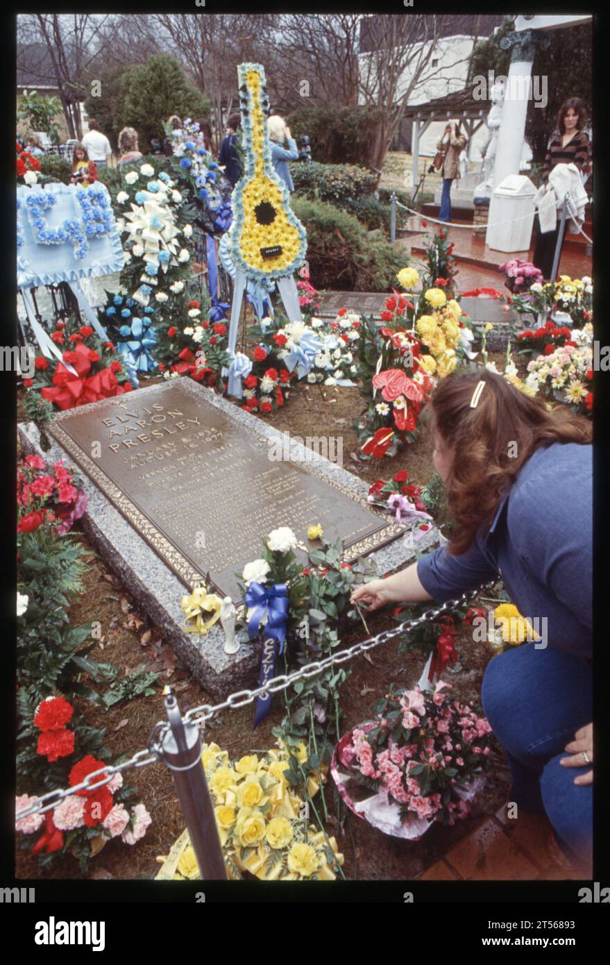 Una donna poggia dei fiori sulla lapide di Elvis al suo primo compleanno dopo la sua morte. A Graceland, residenza di Elvis a Memphis, l'8 gennaio 1978 in un giorno di drizzly. Foto Stock