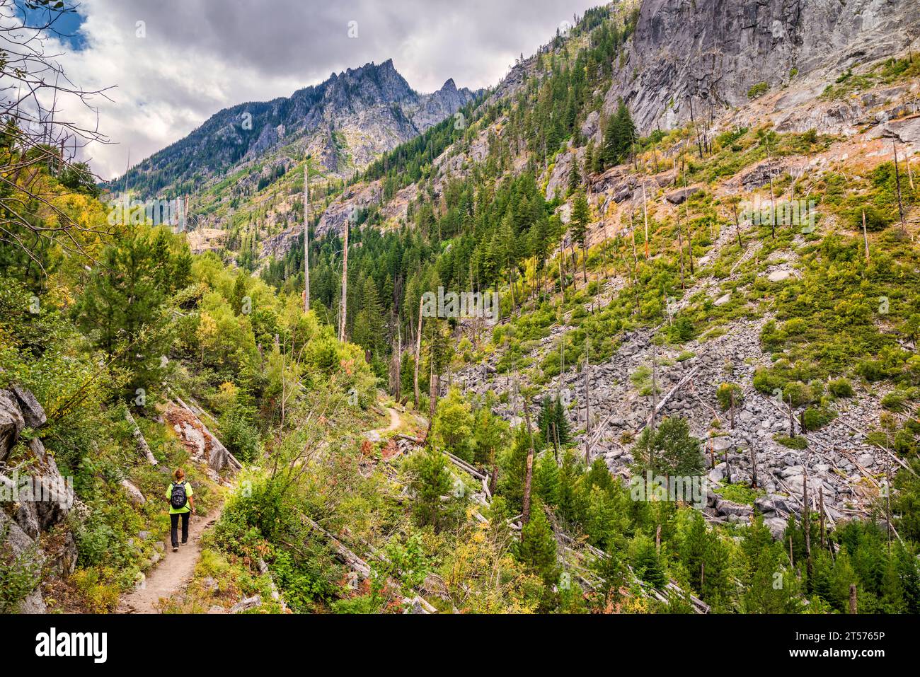 Donna escursionista Snow Lakes Trail, Snow Creek Wall sulla destra, Edward Peak in dist, Alpine Lakes Wilderness, Wenatchee Mtns, Cascade Range, Washington, USA Foto Stock