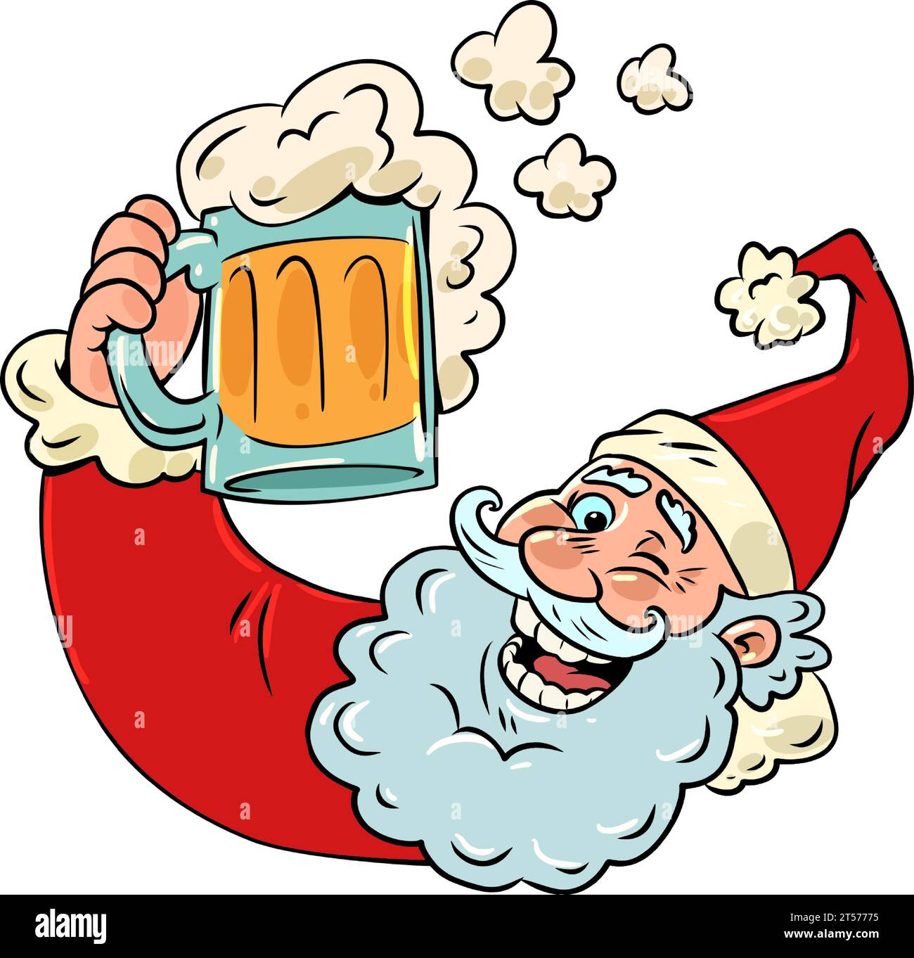 Babbo Natale e una tazza di birra con schiuma. Trascorrere il nuovo anno in una compagnia divertente con cibo e bevande. Buon umore alla vigilia delle vacanze. carto comico Illustrazione Vettoriale