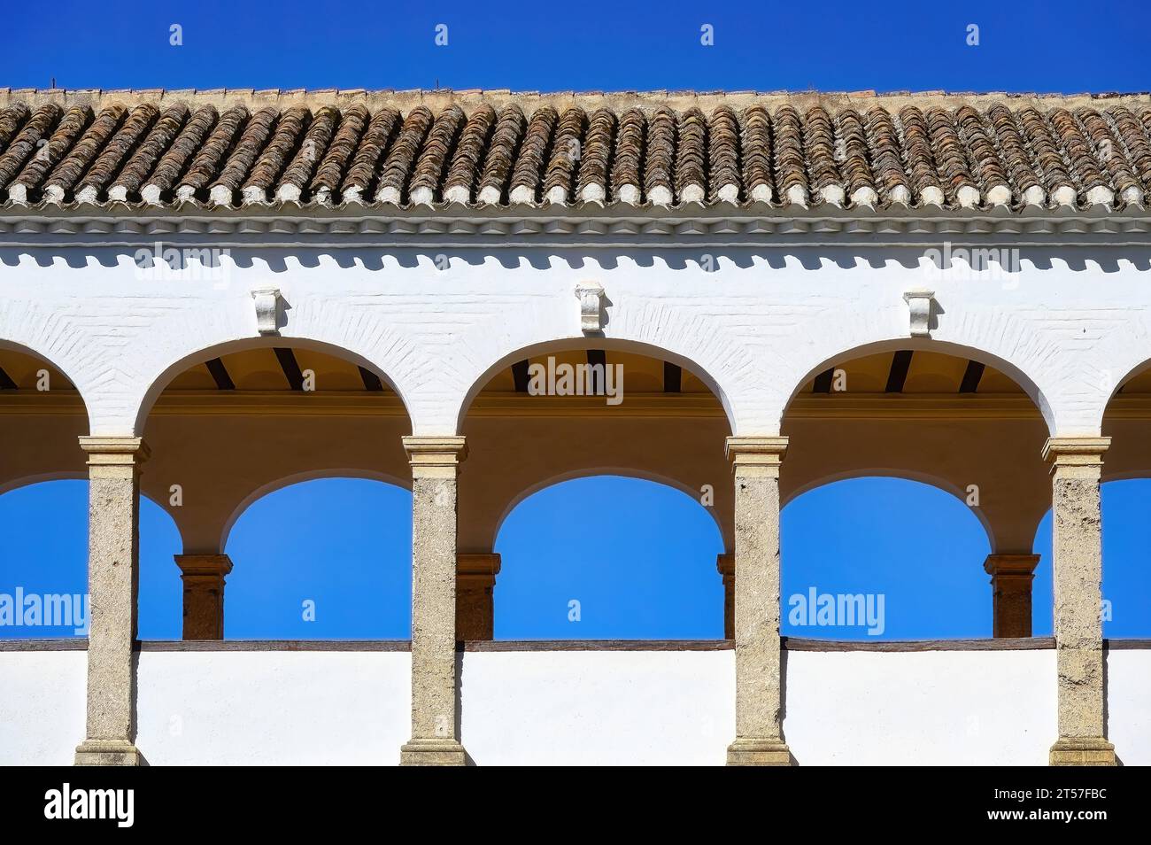 Granada, Spagna, archi e tetto piastrellato in argilla parte del palazzo all'interno del complesso dell'Alhambra. Caratteristica architettonica islamica medievale del monumento nazionale. Foto Stock