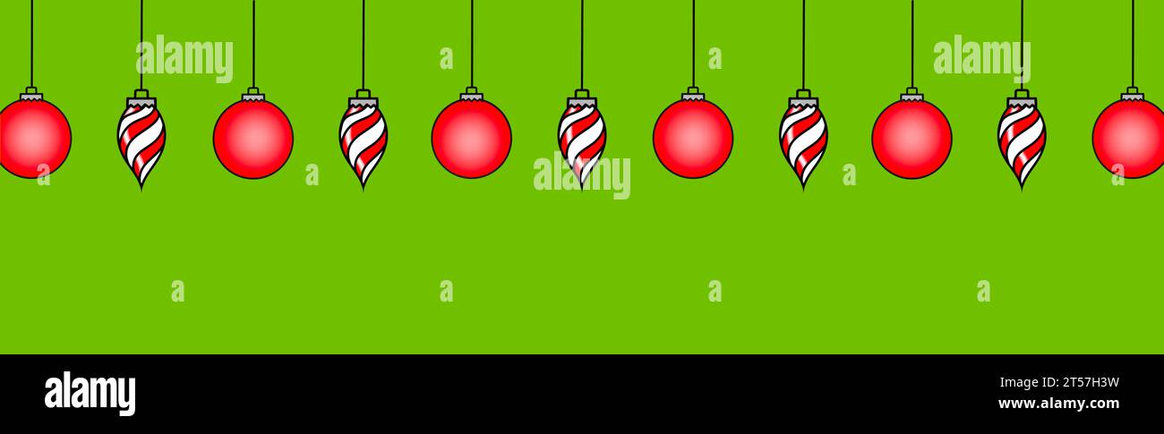 Banner natalizio o ornamenti rossi e bianchi su sfondo verde, stile cartoni animati con spazio per la copia Foto Stock