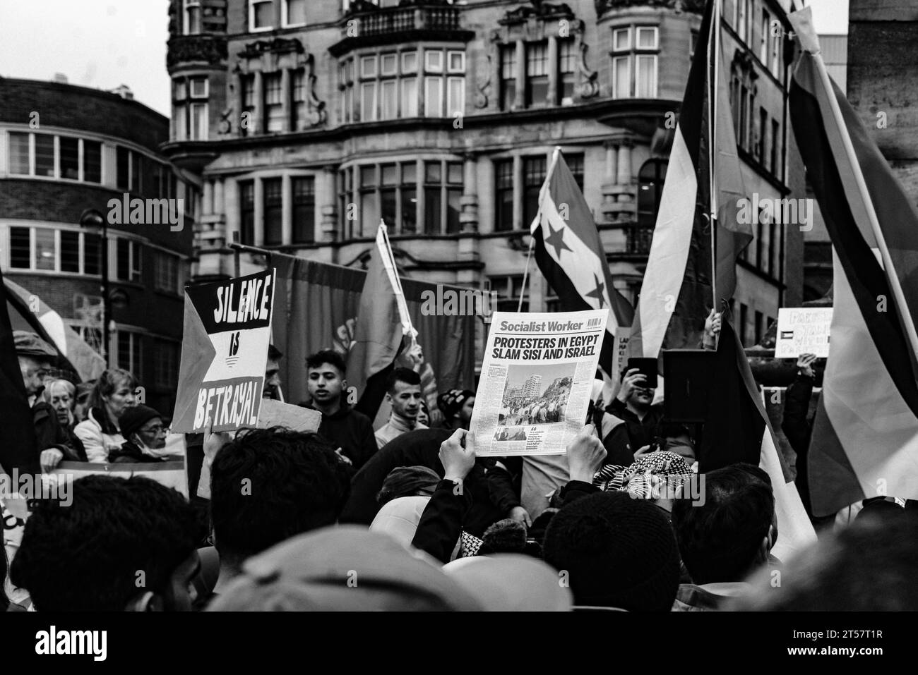 Il manifestante tiene in mano un giornale che recita: "I manifestanti in Egitto schiaffeggiano SISI e Isreal”. Newcastle upon Tyne, Inghilterra, Regno Unito - ottobre 28 2023 Foto Stock