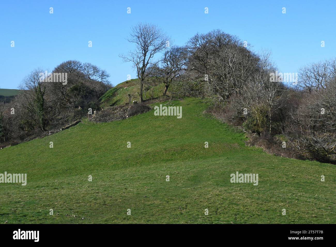 Il castello di Kilkhampton, noto anche come Castello di Penstowe, il forte medievale di Motte e la costruzione di Bailey, costruito su un knoll protetto da ripidi pendii. I forti Foto Stock