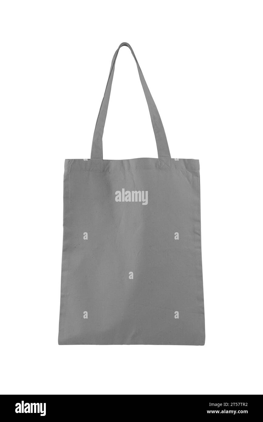 Tessuto in cotone, sacco in lino, borsa tote isolata su sfondo bianco. Shopping bag grigia riutilizzabile, mockup, modello per design, spazio per copia Foto Stock