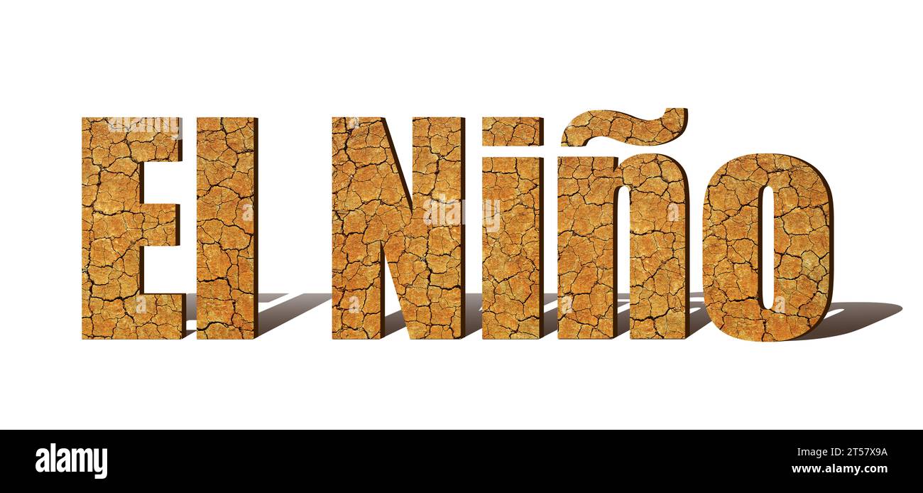 Testo di El Nino realizzato con terreno secco e incrinato isolato su sfondo bianco. Foto Stock