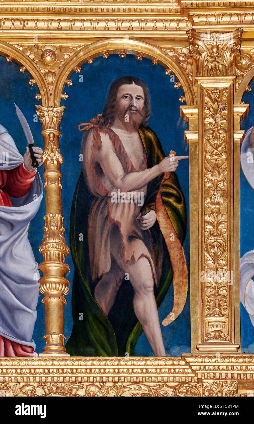 S. Giovanni Battista, particolare dal Polittico con Madonna col bambino,Cristo risorto e Santi - olio su tavola - Andrea Previtali e Agostino Facheris Foto Stock