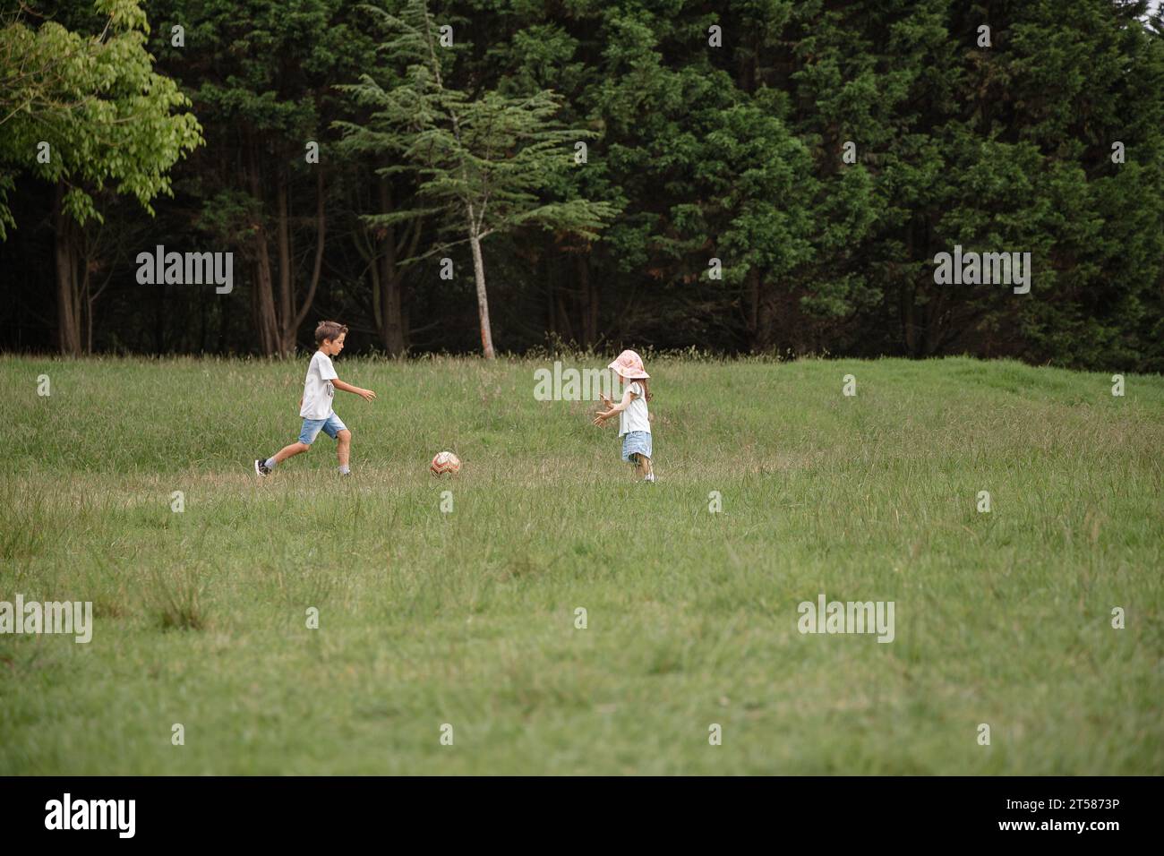 Due bambini che giocano con una palla nel parco verde. Concetto di infanzia felice a contatto con la natura, stile di vita sano. Foto Stock