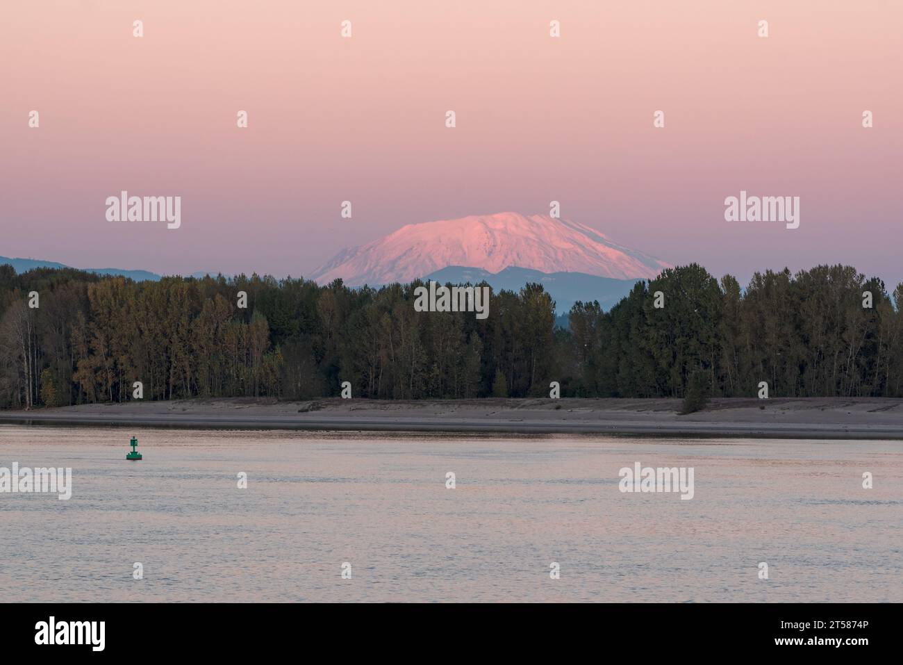 MT. St Helens e il fiume Columbia al tramonto da Sauvie Island, Oregon. Foto Stock
