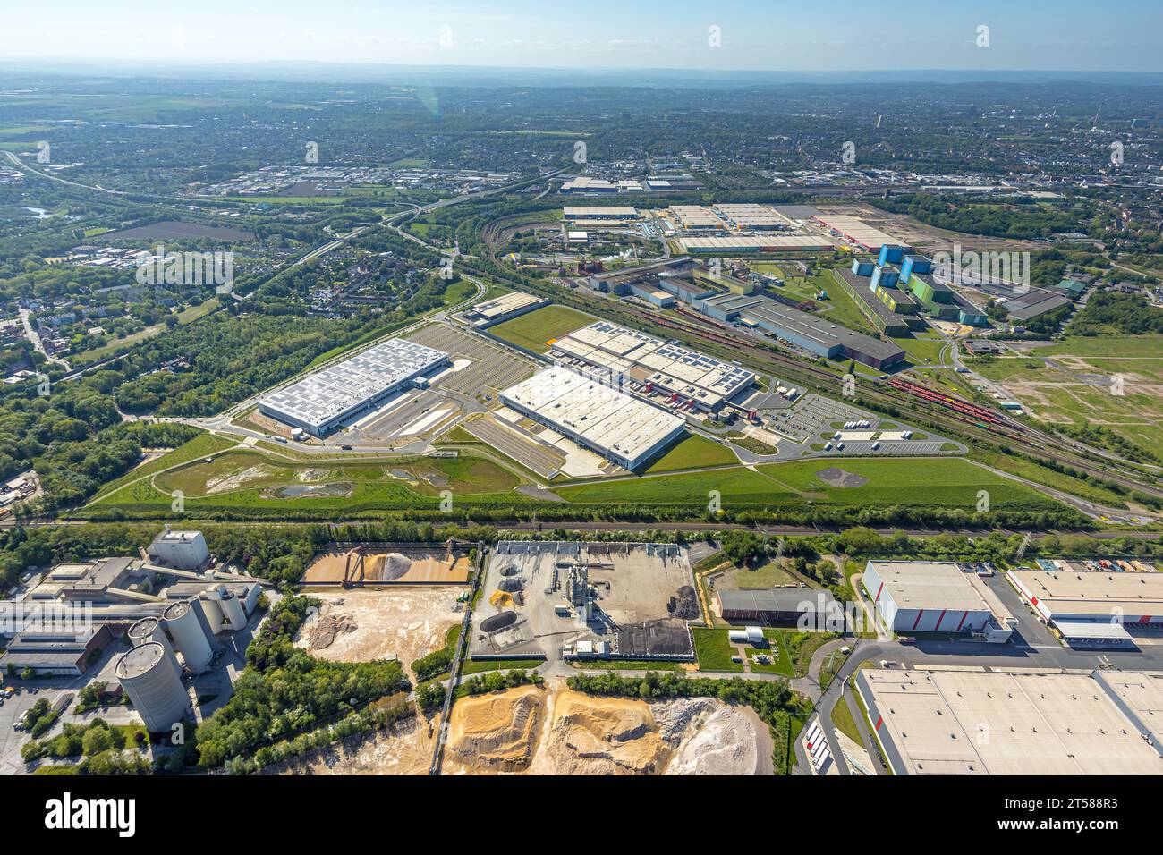Vista aerea, DSW 21 Dortmunder Stadtwerke, zona industriale di Westfalenhütte, DORLOG Dortmund Logistik, Walzwerkstraße, ex sito dell'impianto di sinterizzazione, Bo Foto Stock